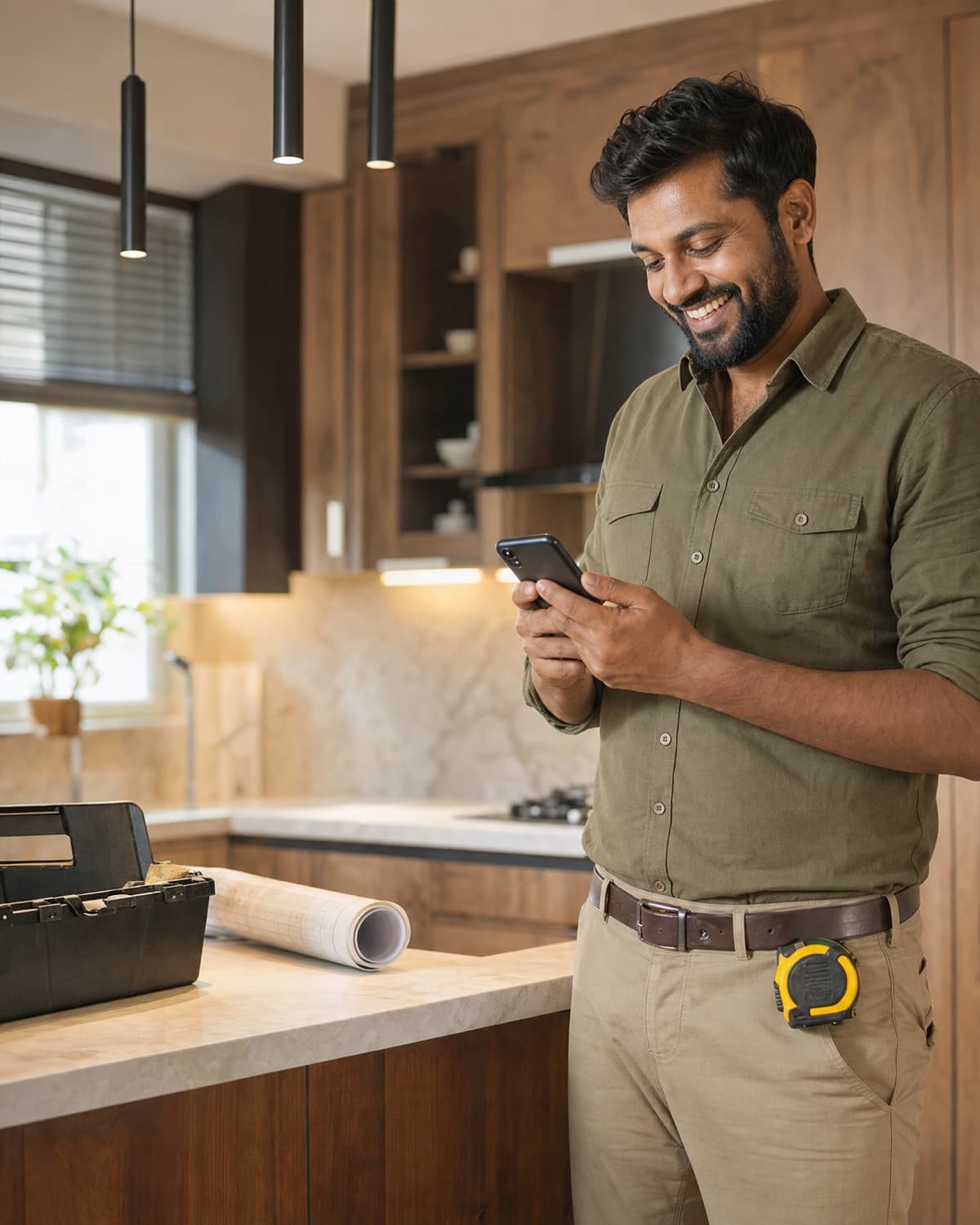 Interior contractor smiling at a payment alert on his phone in a kitchen he just finished
