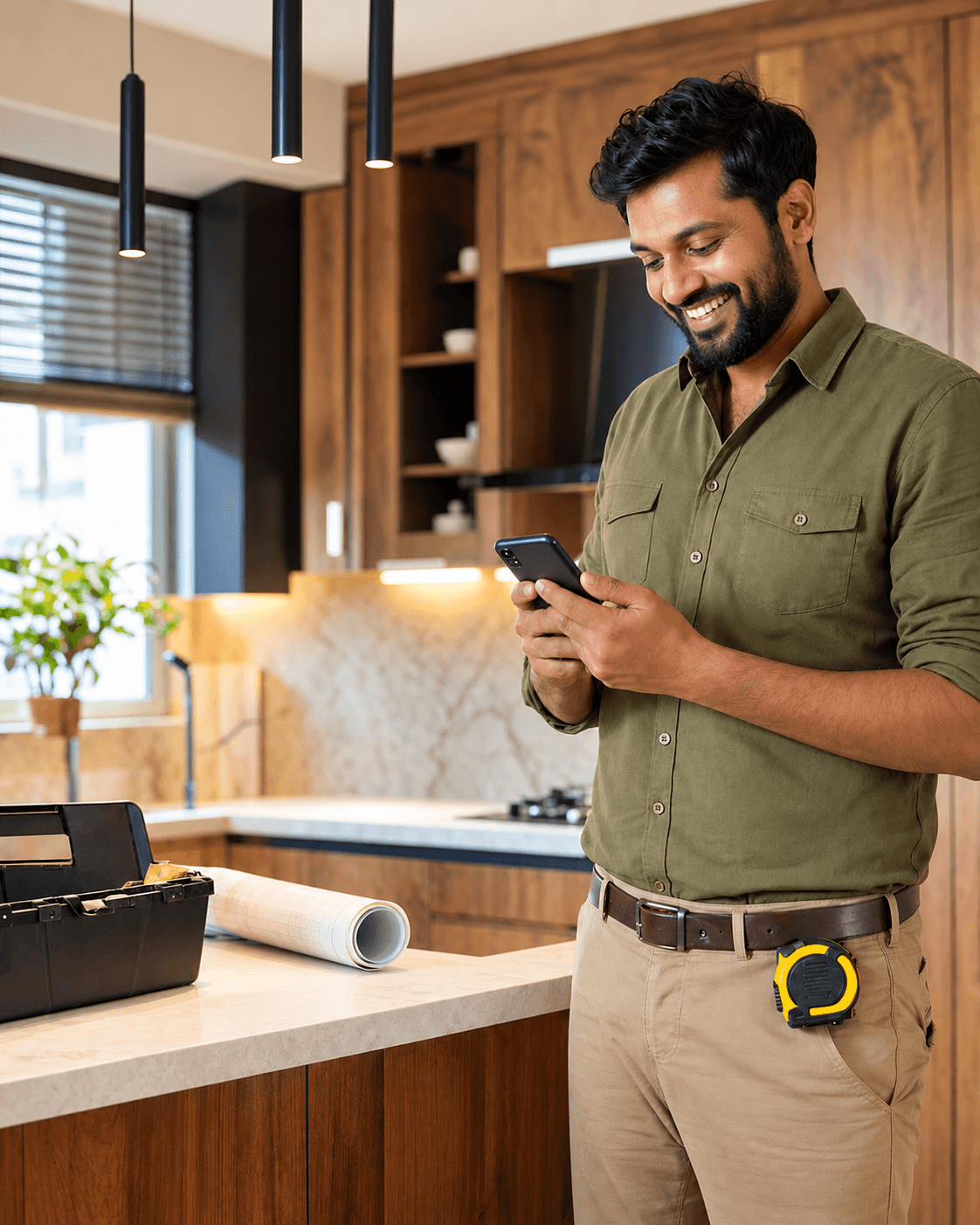 Interior contractor smiling at a payment alert on his phone in a kitchen he just finished