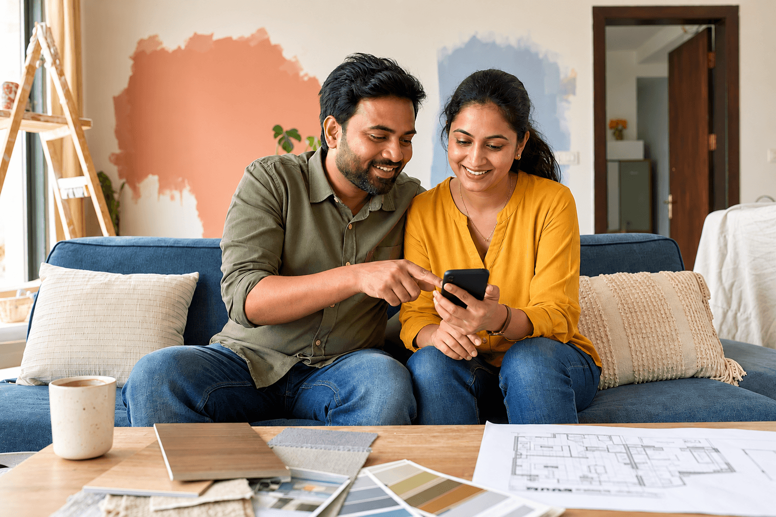Couple at home choosing options on an interior quotation on their phone