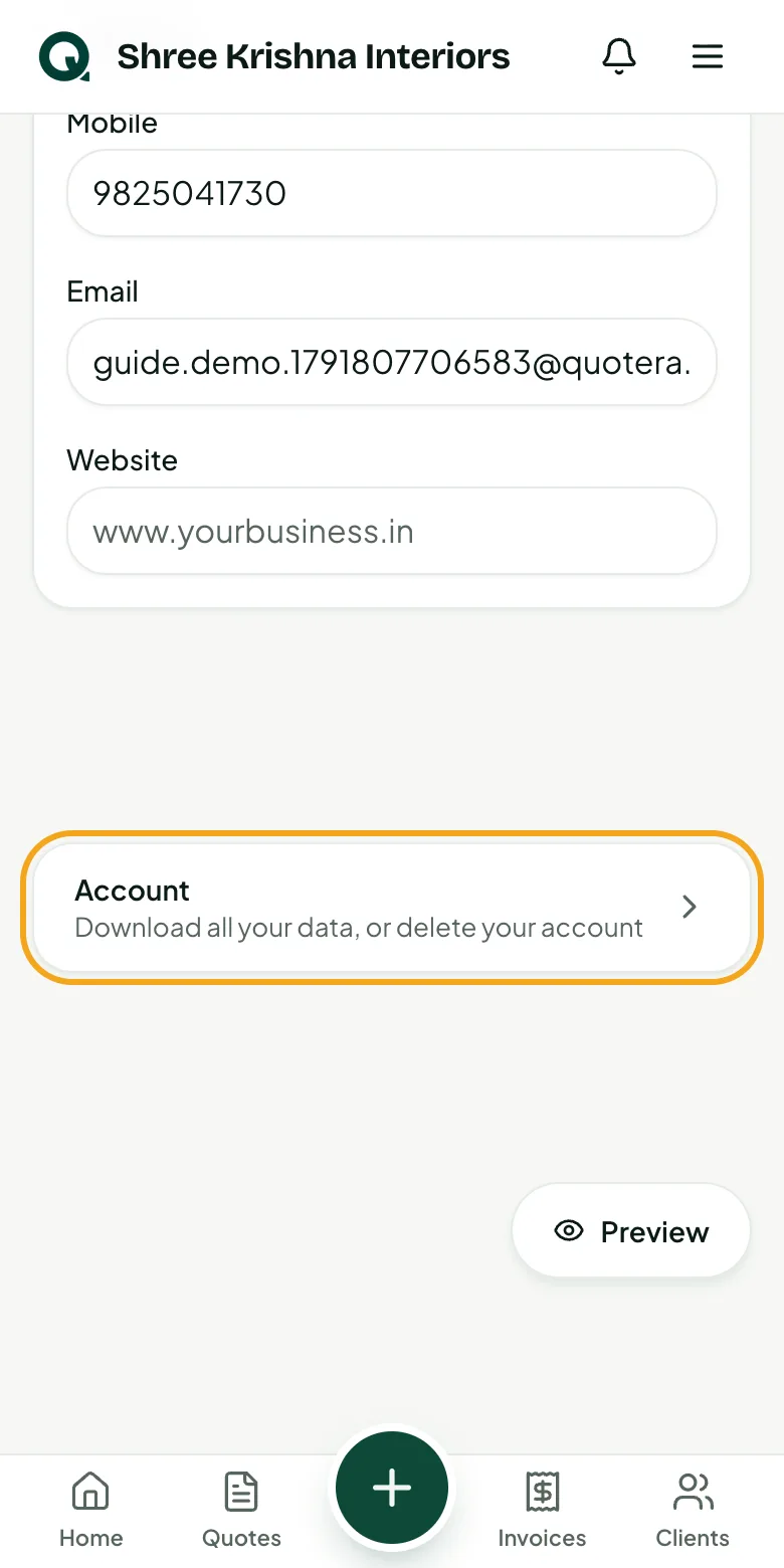Settings: Account at the foot of the page