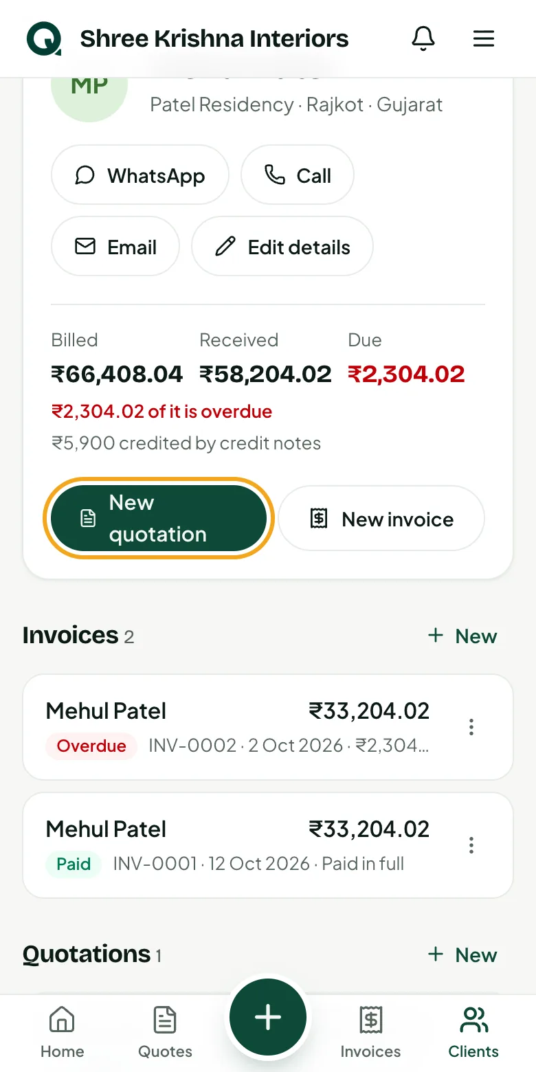 A client's page: money, quotations and invoices