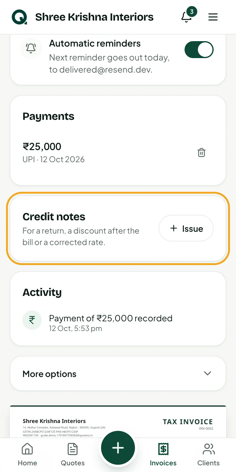 An invoice with Credit notes and Issue
