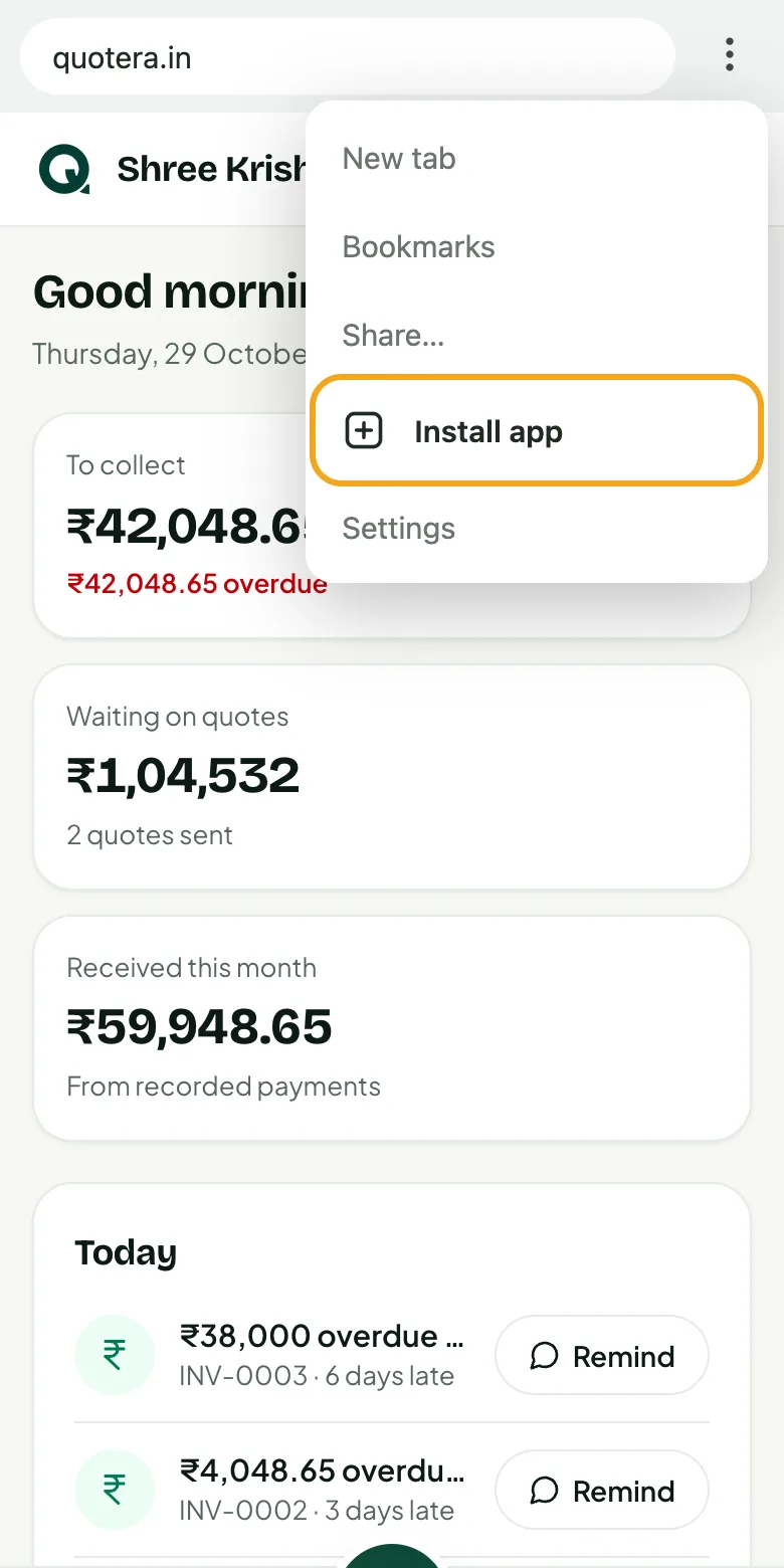 Android: Chrome's menu with Install app