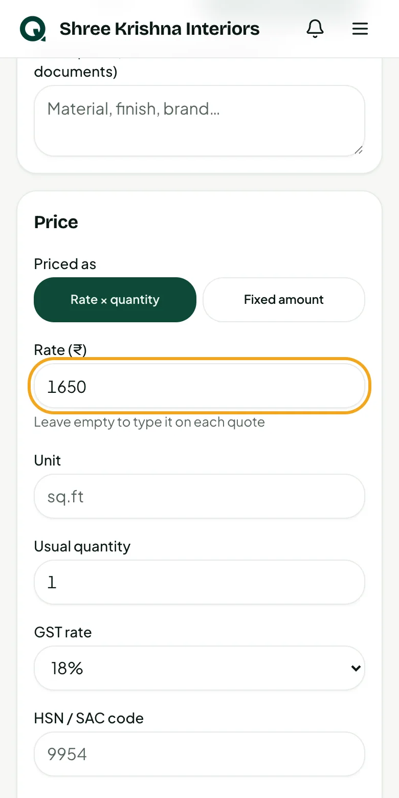 Adding an item with its rate and GST