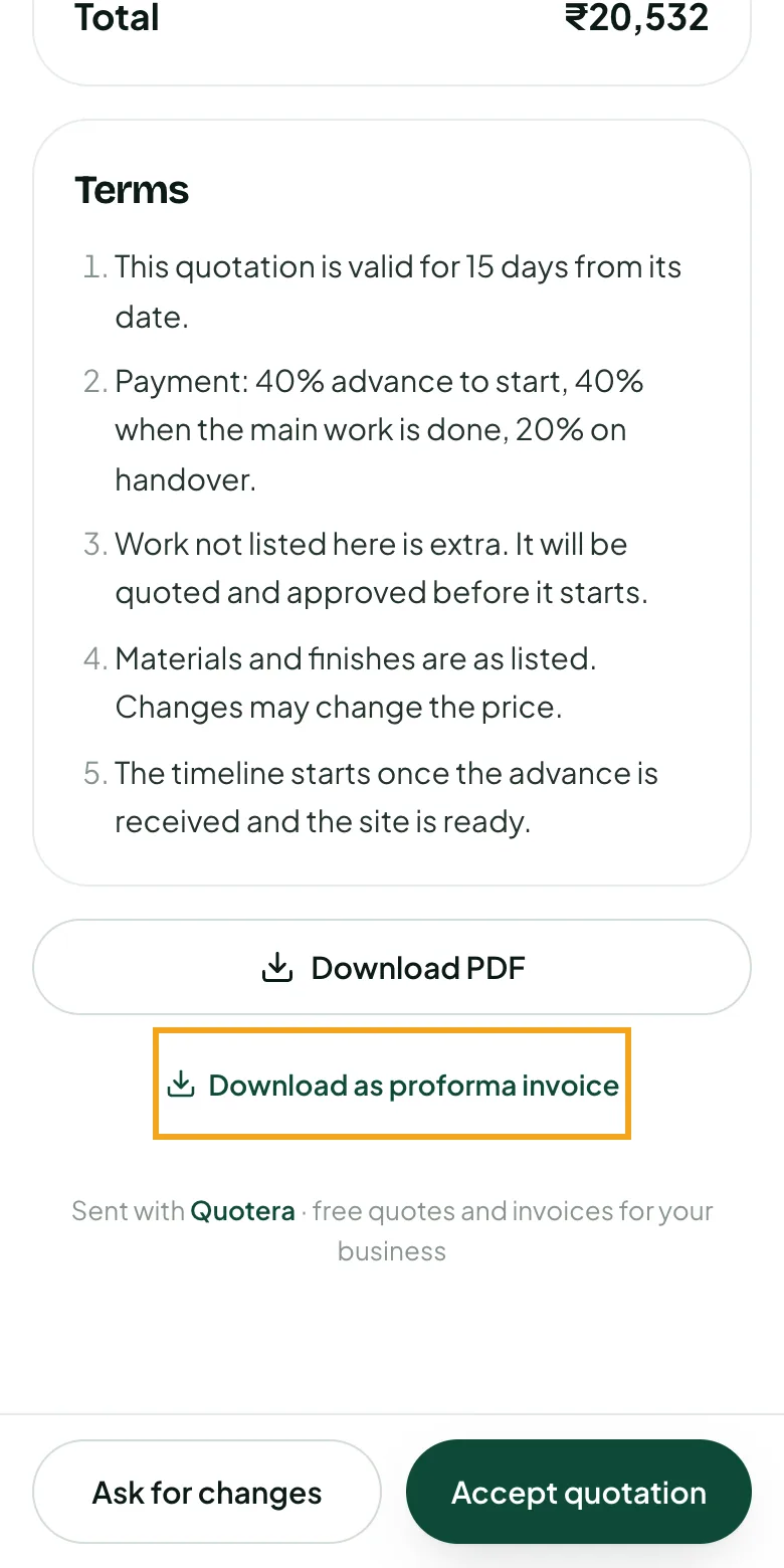 The client's link with Download as proforma invoice