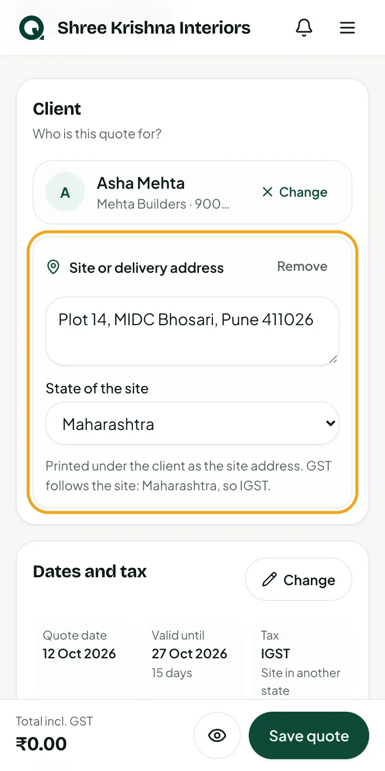 Work or delivery at another address: the site and its state
